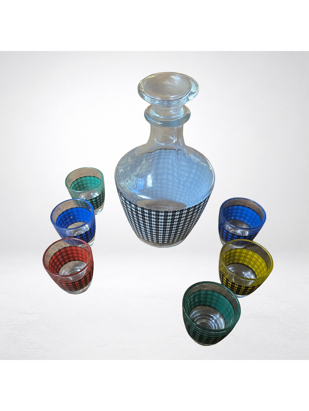 MidCentury Modern Luminarc Houndstooth Glass Decanter & 6 Shot Glass Set, France